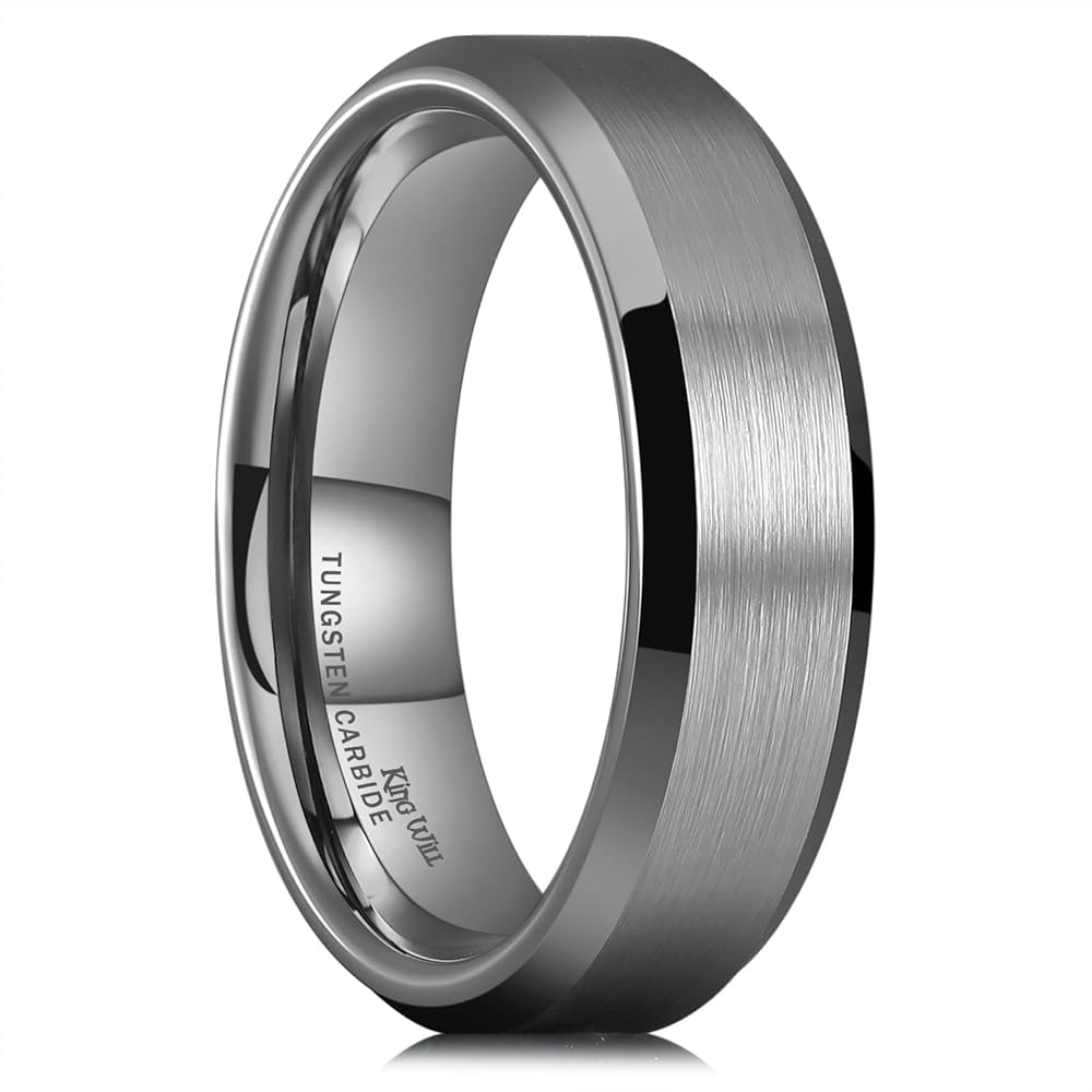 King Will 6mm Men's Gunmetal Gray Wedding Ring - Brushed Matte Surface, Beveled Polished Edge, Comfort Fit Size 11