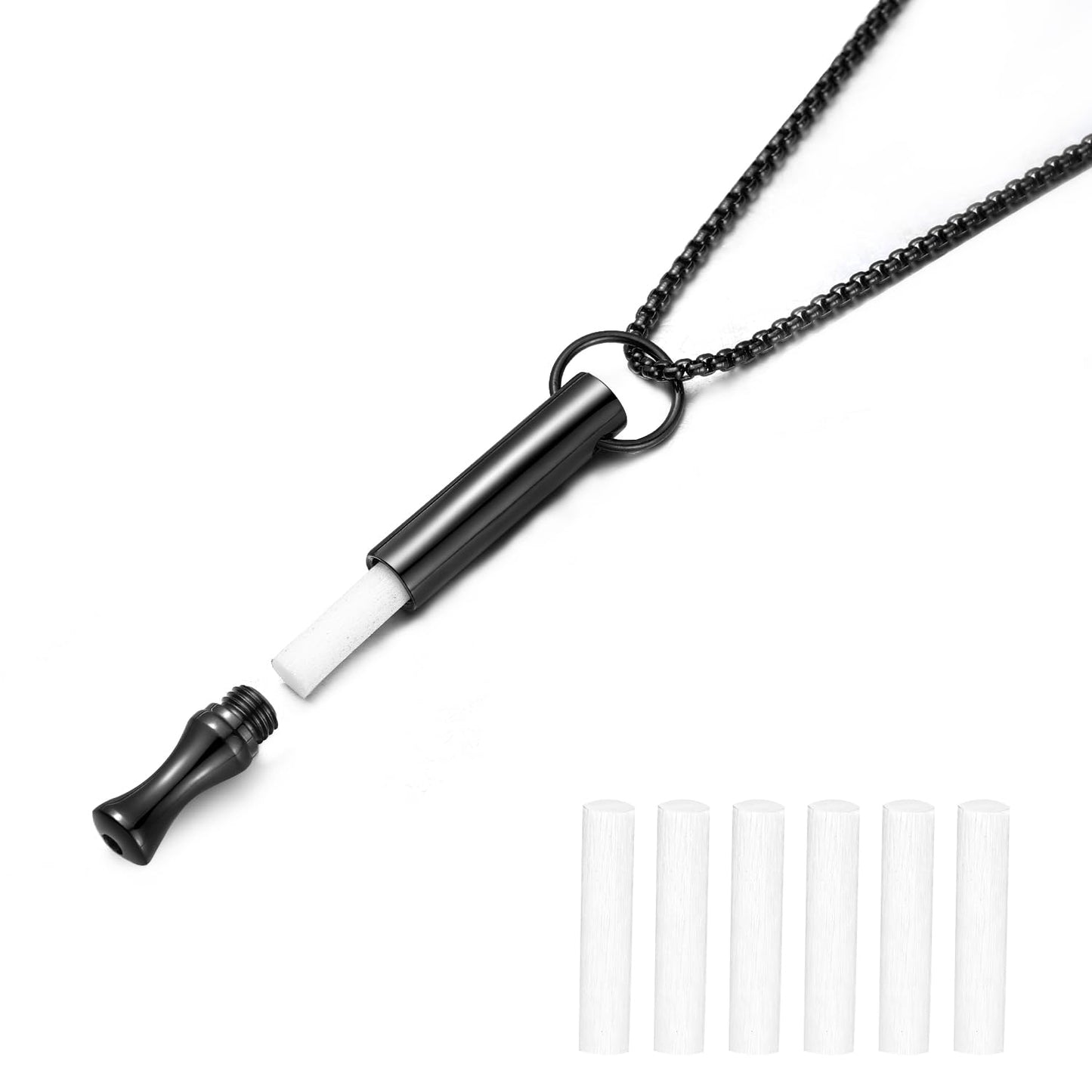 hooppoo Breathing Necklace for Calm & Focus - Personal Essential Oil Diffuser for Anxiety Relief, Quit Smoking, Yoga and Meditation - Reusable Stainless Steel Pendant for Women Men (Black)