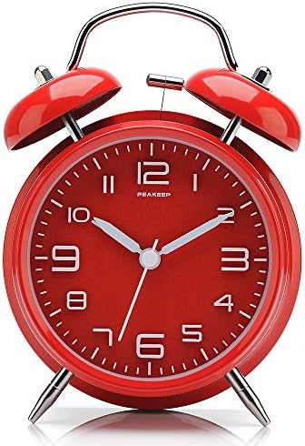 Peakeep 4 Inches Twin Bell Loud Alarm Clock for Heavy Sleepers | Backlight, Battery Operated Old Fashioned Alarm Clock for Bedrooms Kids' Room (3D-Dial, Red)
