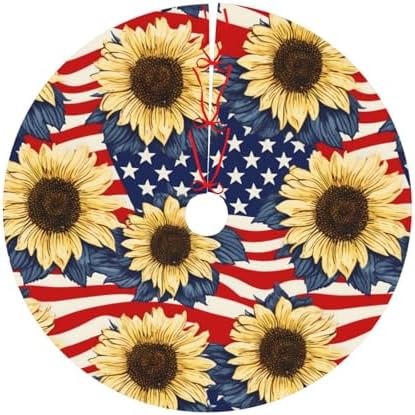 Flags with Sunflowers Christmas Tree Skirts 36", Xmas Tree Cloth Mats Trees Skirts for Decor Gift, Home Decoration