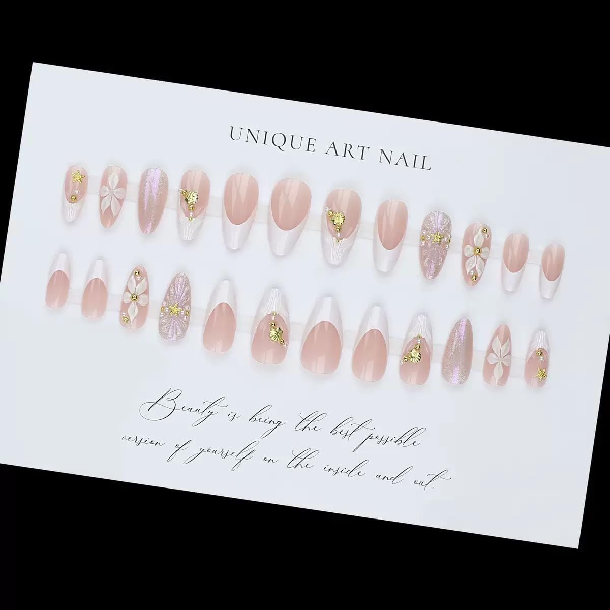CTTHNBD Medium Press on Nails Almond - French Tip Fake Nails with Shell Star Design - Summer, Flower False Nails Press ons - for Women 24 Pcs