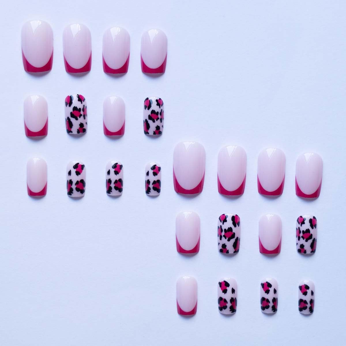 24 Pcs Hot Pink Press on Nails Medium Square Leopard French Fake Nails Press ons Nail Tips, LINMEIZAI Glossy Stick on Nails Acrylic Nail Kit with French Y2K Style Design False Nails Nail Art for Women
