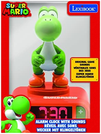 LEXiBOOK, Super Mario, Yoshi Nightlight Alarm Clock, Sounds and Melodies, LCD Backlit Screen, Luminous, Snooze, Red/Green, RL800NI1