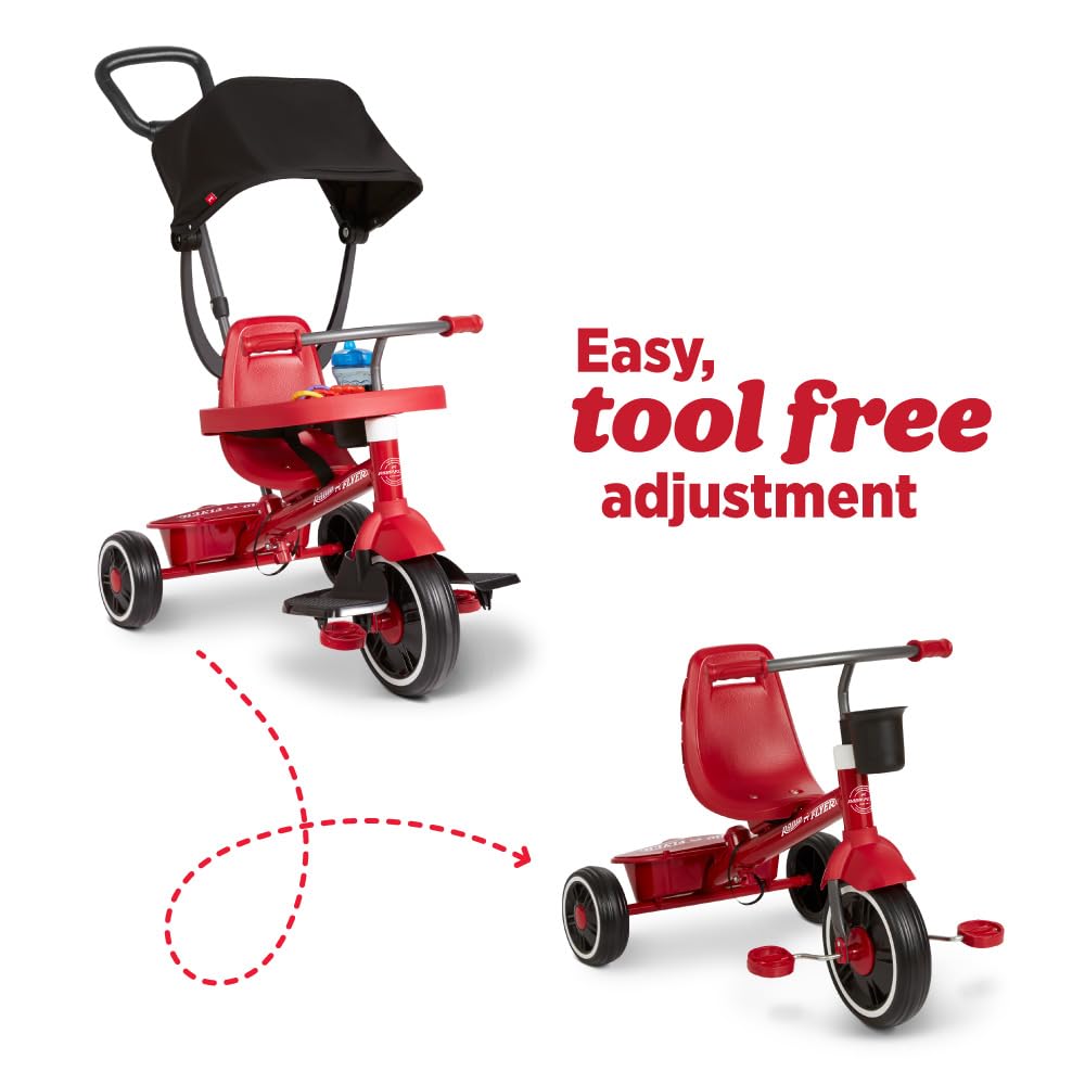 Radio Flyer 4-in-1 Pedal & Push Stroll 'N Trike, Ages 1-5, Toddler Tricycle & Stroller, High-Density Foam Tires, Parent Push Handle, UV Canopy, Removable Tray, Headrest & Seatbelt, Stroller Tricycle
