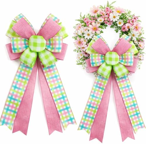 2 Pack Spring Plaid Wreath Bows, 20.8 Inch Pink Green Easter Bows