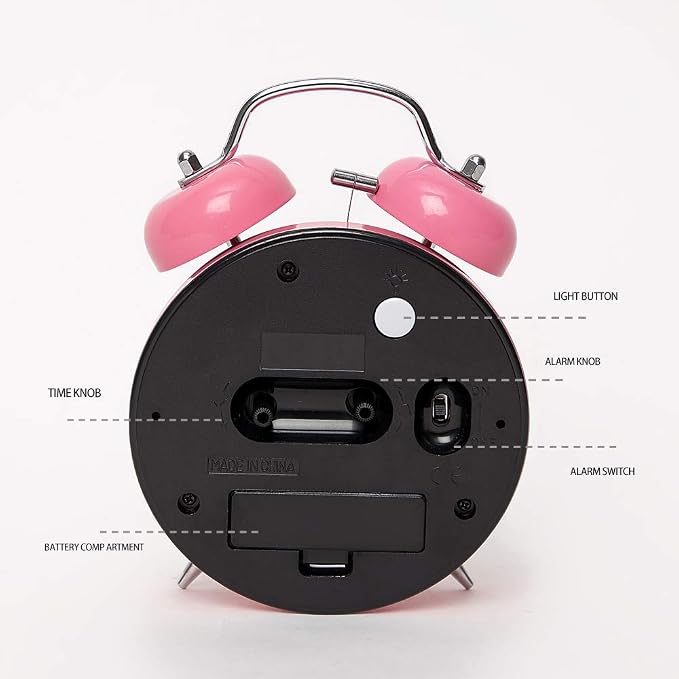 FLOITTUY {Loud Alarm for Deep Sleepers) 4'' Twin Bell Alarm Clock with Backlight for Bedroom and Home Decoration(Pink)