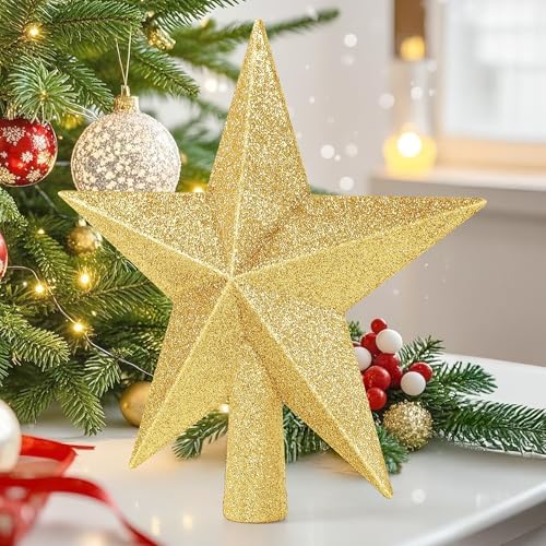 Christmas Tree Star Topper, 8" Gold Glitter Xmas Star Tree Decorations, 3D