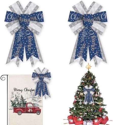 2PCS Merry Christmas Bow for Wreath, Glitter Silver Blue Wreath Bow for Christmas D??cor Winter Bow for Front Door Indoor Outdoor Wall Tree Topper Decoration Supplies Xmas Hanging Ornament