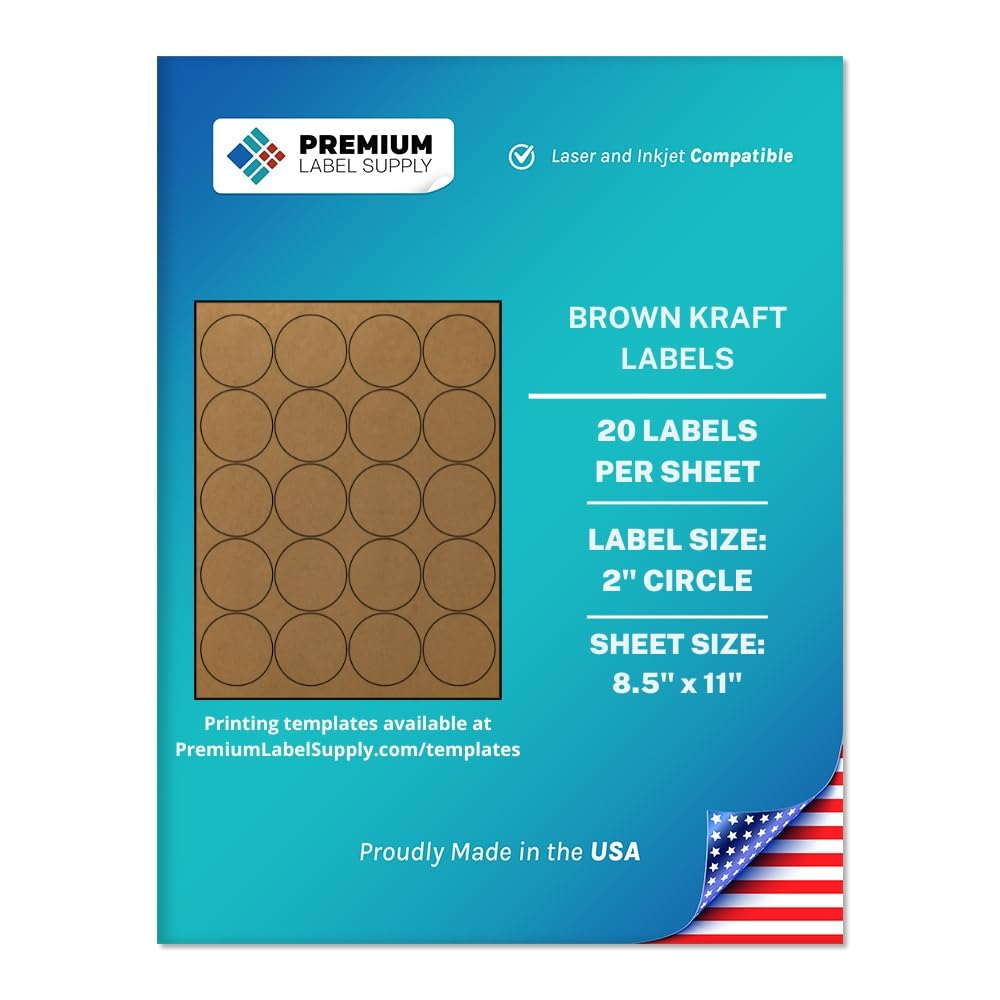 Premium Label Supply Brown Kraft Sticker Round Labels – 2" Circle – Laser/Inkjet Compatible – (20 per Sheet), 25 Sheets – 500 Total Adhesive Labels