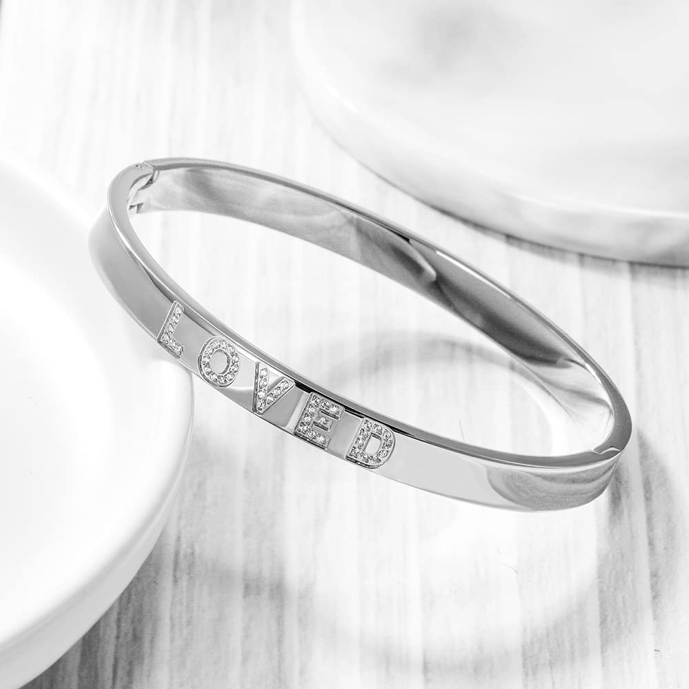 WISTIC Gold Plated Bangle Bracelet for Women, Silver Engraved Letter Cuff Bracelet with CZ, Fits 6.0–7.0 Inch Wrist, 2.4in Inner Dia., Rose Gold Stainless Steel Hinged Bangle Jewelry, LOVED, Silver