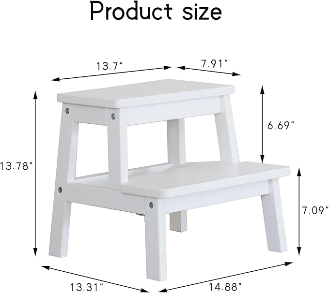 Adult & Child Wooden Two Step Stool ，Stepping Stool，Kids Step Stool Kitchen Step Stools for Bathroom– Perfect for Kitchen, Bathroom, Bedrooms & More (White)