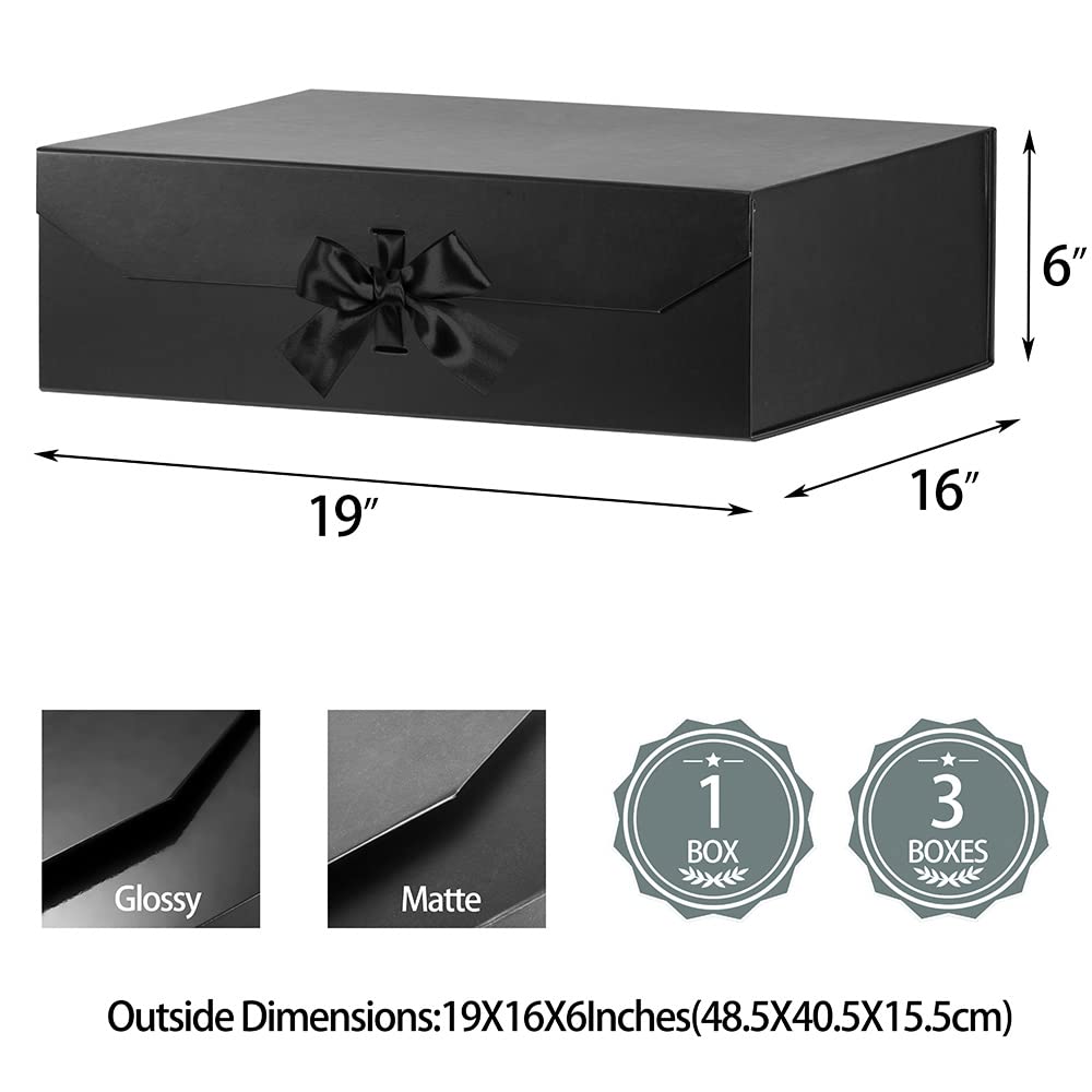 GoooodGift Extra Large Gift Box Black with Ribbon 19x16x6 Inches, Gift Box with Lid Magnetic Closure, Groomsman Proposal Box, Rectangle Collapsible Gift Boxes for Wedding Gown (Matte Black)