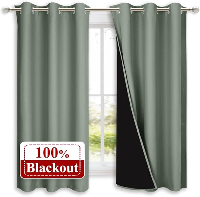 NICETOWN Greyish Green 100% Blackout Lined Curtains, 2 Thick Layers Completely Blackout Window Treatment Panels Thermal Insulated Drapes for Kitchen (1 Pair, 42" Width x 63" Length Each Panel)