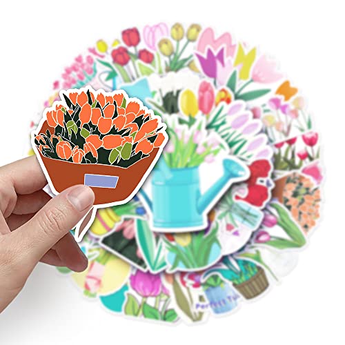 Tulip Stickers Pack 50 PCS, Floral Aesthetic Waterproof Vinyl Die-Cut Spring Flowers Sticker Set for Journal Planner Notebook Scrapbook, Water Bottles Laptop Phone Case E-Reader