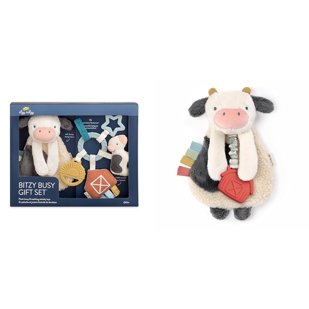 Itzy Ritzy Farm Toy Gift Set with Cow Lovey, Teether, Crinkle & Bitzy Busy Ring for Car Seat and Stroller