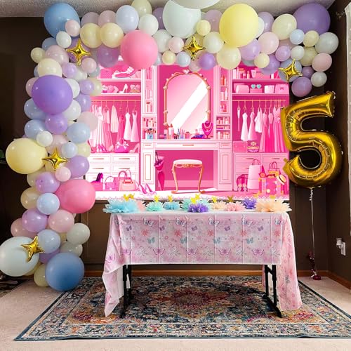HANYING Pink Princess Cloakroom Backdrop,7x5ft Cartoon Girly Vanity Table Makeup Photography Background,Girls Birthday Baby Shower Photo Backdrop,Portrait Studio Props,HY0135YL - size: 7x5ft