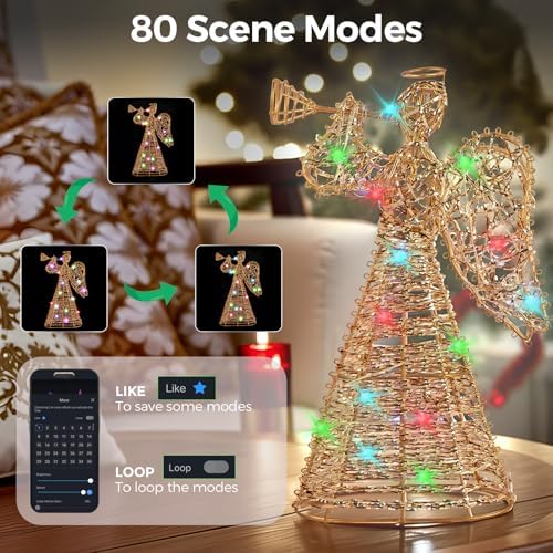 Smart Christmas Tree Topper, 11" RGB Angel Tree Topper, Timer, App Control, USB Powered, Music Sync, Gold Tree Topper for Indoor Party Holiday Decor