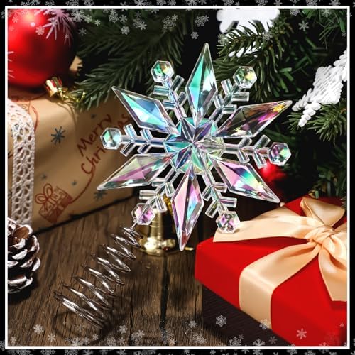 Gejoy 6 Inch Mini Christmas Iridescent Snowflake Tree Topper Acrylic Snowflake Toppers Xmas Ornament Trees Decor Iridescent Tree Topper for Winter Holidays Decor