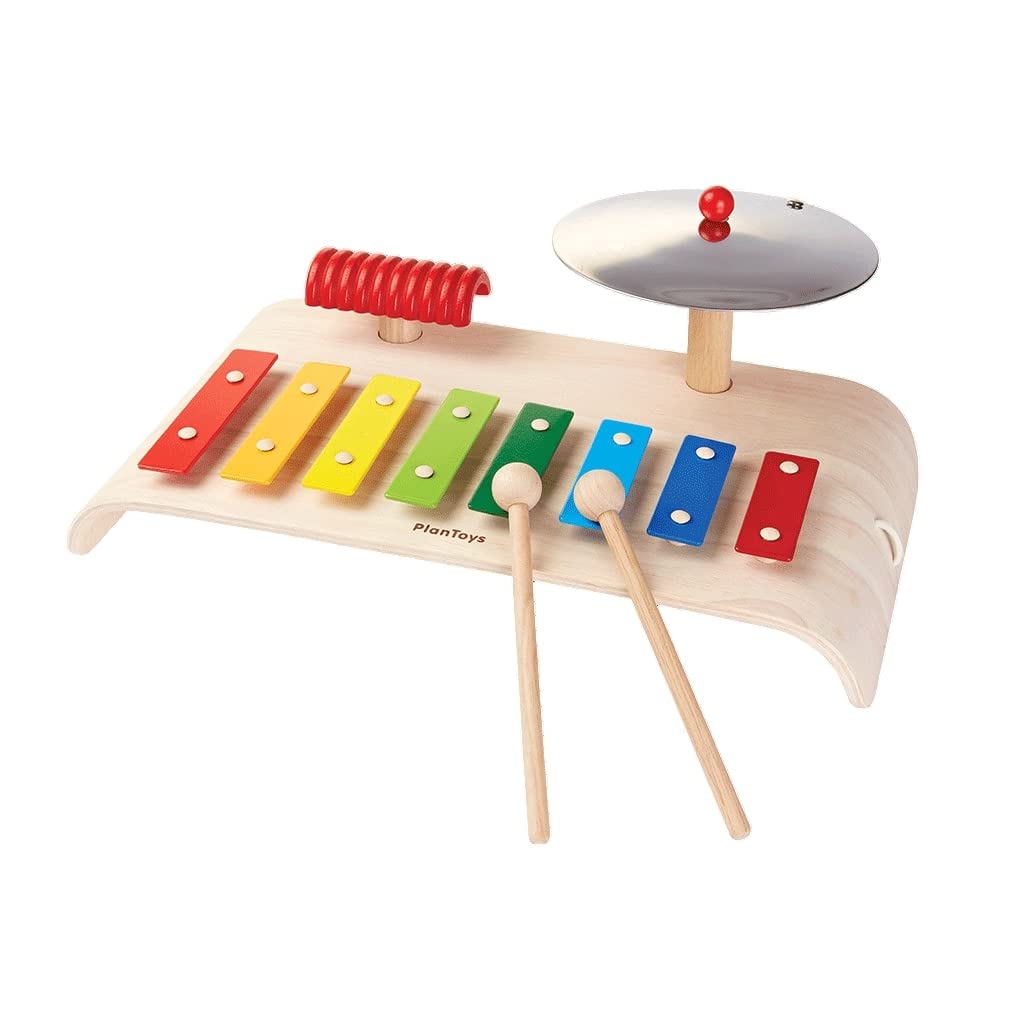 PlanToys® Musical Set Wooden Montessori Drum, Cymbal and Xylophone Toy | Early Sensory Exploration, Coordination and Creative Expression | Eco Friendly Music Set