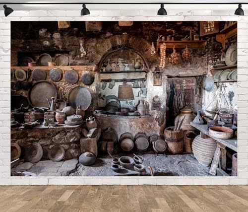 12x8ft Fabric Rustic Old Kitchen Backdrop Old Village Stone Kitchen Antique Pantry Monasteries in Meteora Greece Background Rural Farmhouse Cooking Utensils Backdrop Photo Booth Props - size: 12x8FT