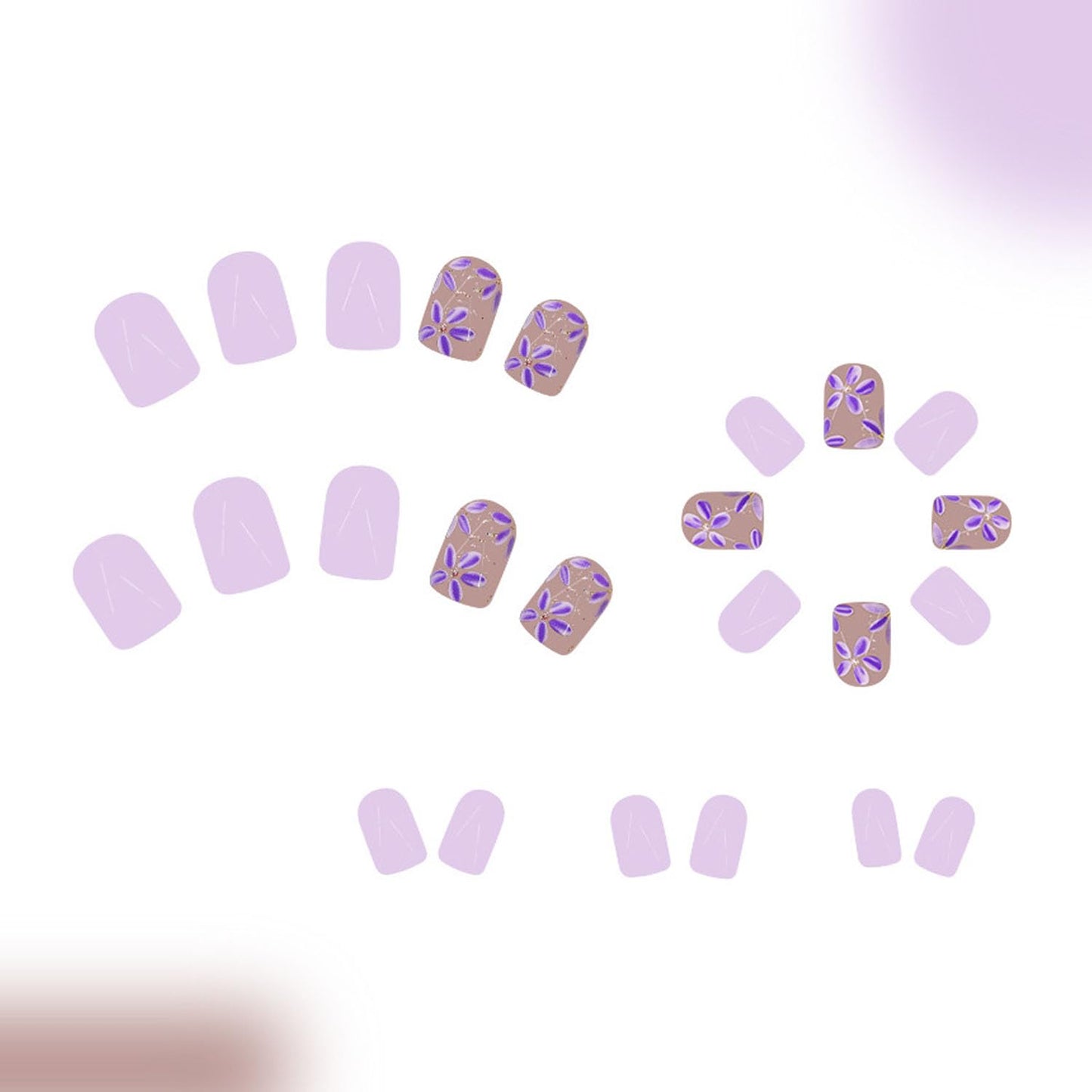 Light Purple Press on Nails Short Fake Nails with Flowers Designs Square Acrylic Nails Cute Full Cover Nails Press ons Gold Glitter & Reusable Stick on Nails for Women 24 Pcs