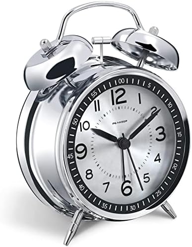 Peakeep Loud Alarm Clock for Heavy Sleepers Adults, Metal 4.5 Inches | Twin Bell Battery Operated Analog Alarm Clocks for Bedrooms Kids' Room Decoration (Metal Silver)