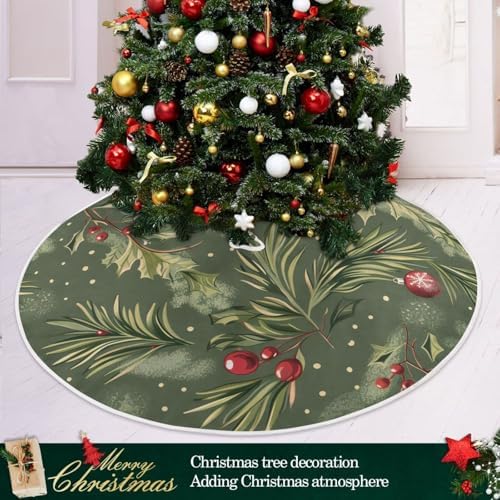 Christmas Balls Fir Holly Berry Christmas Tree Skirt Large Xmas Tree Decoration 48 inch Holiday Burlap Tree Mat Cover for 4 ft Trees