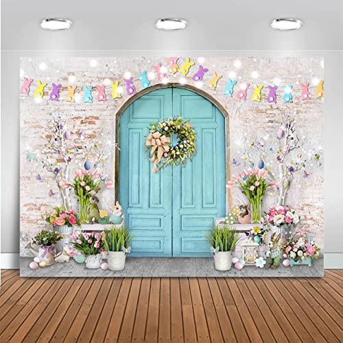 Mocsicka Easter Backdrop Blue Wooden Door with Brick Wall Bunny Rabbit Spring Photography Background Easter Day Party Decorations Photo Studio Props - size: 10x8ft(120x96 inch)