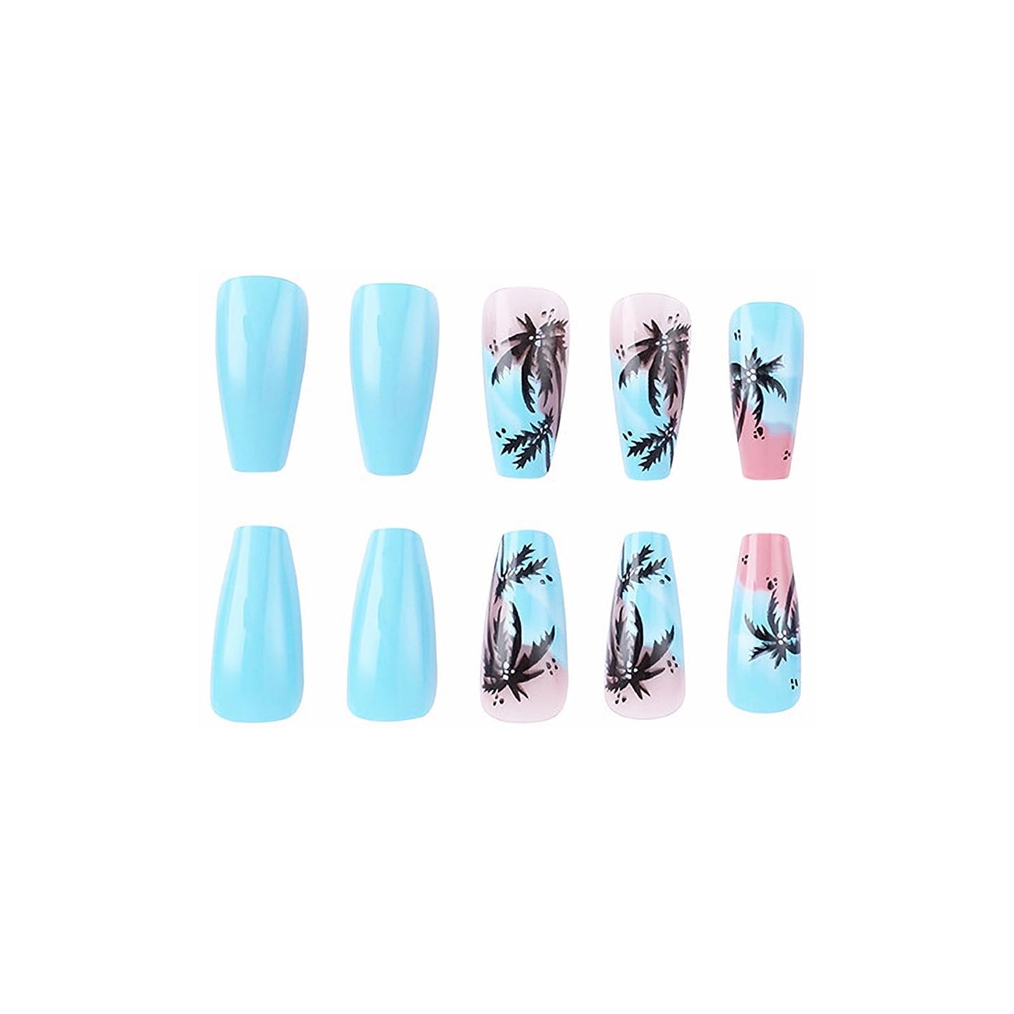 MISUD Press on Nails - Long Coffin Fake Nails with Summer Blue, Acrylic Beach Coconut Tree Design 24 pcs