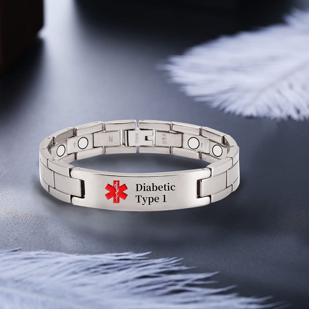 EnerMagiX Medical Id Bracelets for Men Women, Titanium Personalized Engrave Alert Id Bracelet for Type 2 Diabetes,Type 1 Diabetes, Apixaban (Type 1 Bracelets)