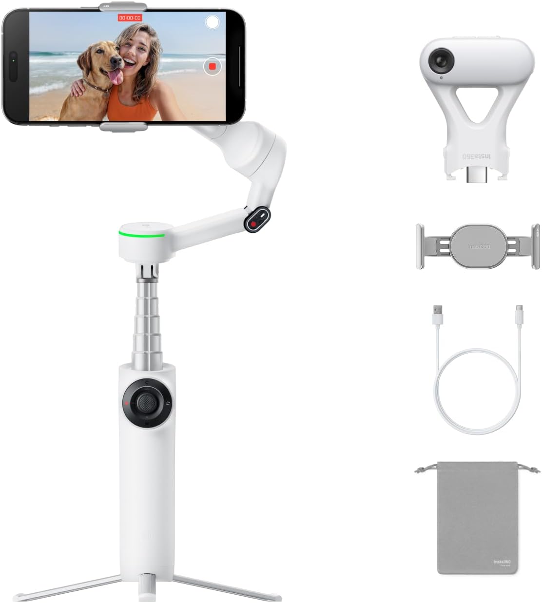 Insta360 Flow 2 Pro White - Foldable AI Phone Gimbal, Track in 200+ Apps with Apple DockKit, Multi-Person Tracking, 360º Pan Tracking, Built-in Tripod/Selfie Stick, iPhone/Android Portable Stabilizer