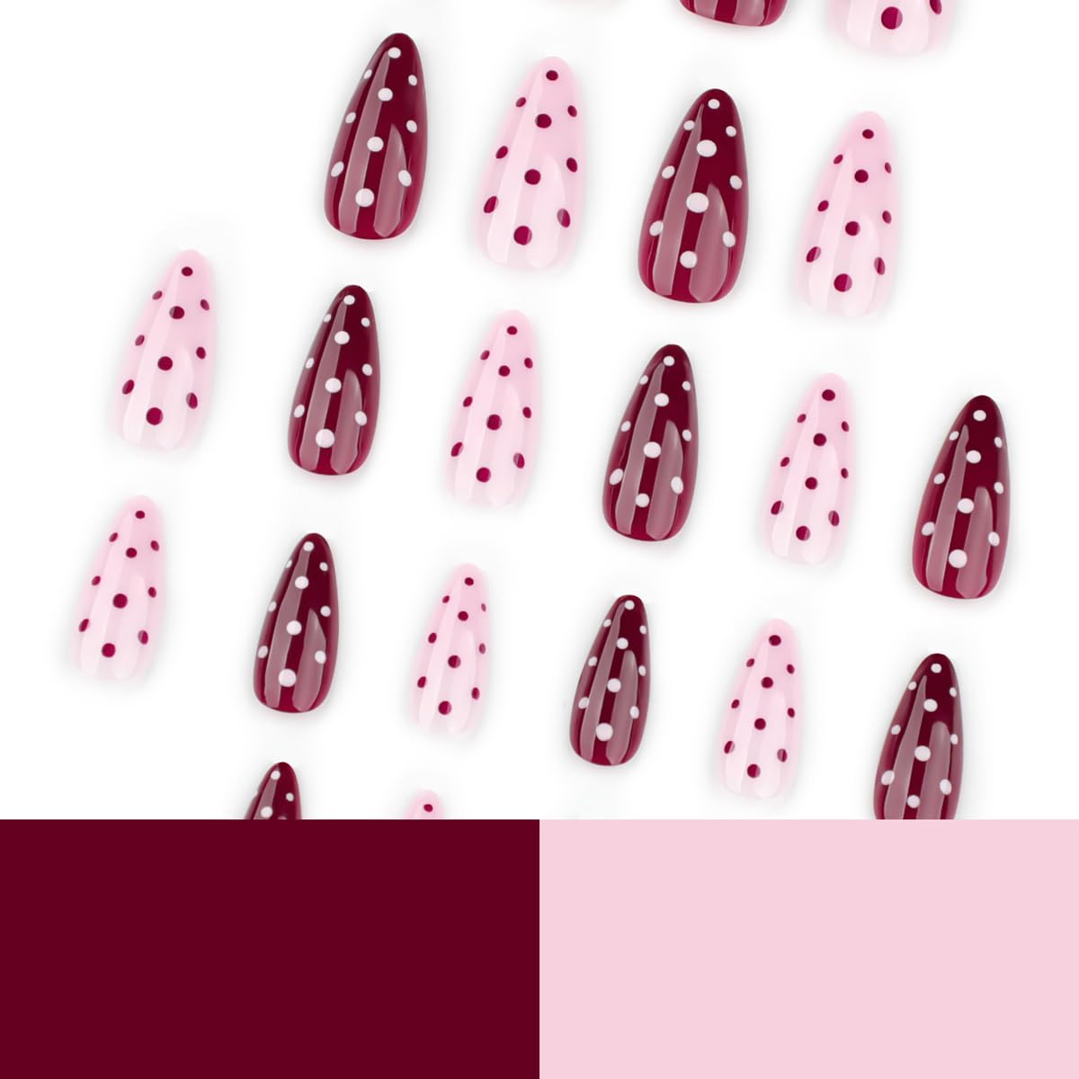 Medium Almond Press on Nails - Light Pink & Red Color Block with Polka Dot, Full Cover Glossy Fake Nails 24PCS for Women