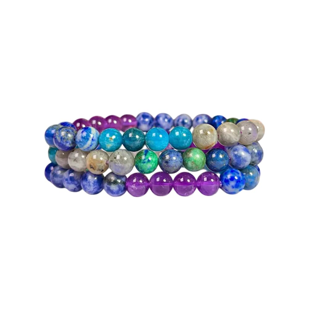Crystal Treasure Third Eye Chakra Crystals Sodalite,Amethyst,Himalayan Quartz,Azurite Malachite,Rhyolite,Blue Aventurine Stone Round Beaded Stretchable Bracelet
