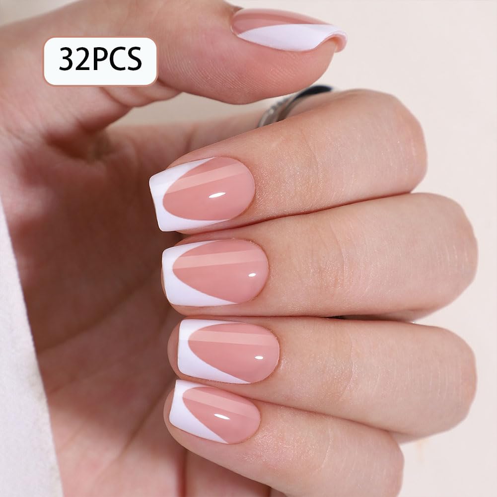 WAFOLOZE White French Tip Press On Nails - Short Square Press On Nails Fake Nails with Nail Glue, Artificial Nails 16 Sizes - 32Pcs Reusable Soft Gel False Nails Tips Kit,Stick On Nails for Women