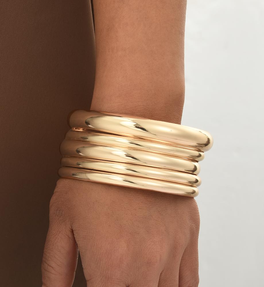 Thin Gold Bangle Bracelets for Women, Dainty 14k Gold Plated Big Stackable Bangles Set, Trendy African Bracelet Stack Fashion Jewelry Gifts (5 Gold african bangles)
