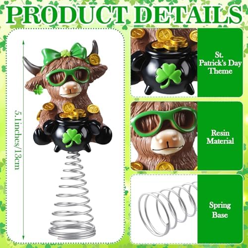 Gejoy St. Patrick's Day Highland Cow Miniature Tree Topper, 5.1 Inch Mini Resin Cow Figurine with Shamrock Lucky Pot Metal Spring Base, Calf Lover Gifts for Tiered Tray, Office, Home Decor