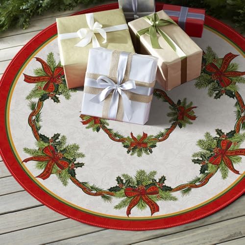 AVOIN colorlife Christmas Tree Skirt 48 Inch, Christmas Ribbon Holly Winter Holiday Tree Mat Decoration