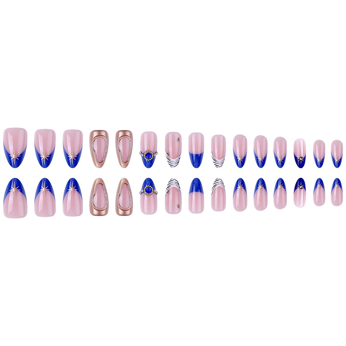 Medium Almond Press on Nails Blue French Tip Fake Nails with Gold Star Design Nude Pink Nails press ons Acrylic Glossy Stick on Nails for Women, Luxury Boho Style 30Pcs