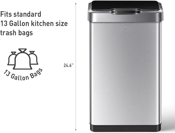 EKO Mirage-T 50 Liter / 13.2 Gallon Touchless Rectangular Motion Sensor Trash Can, Brushed Stainless Steel Finish