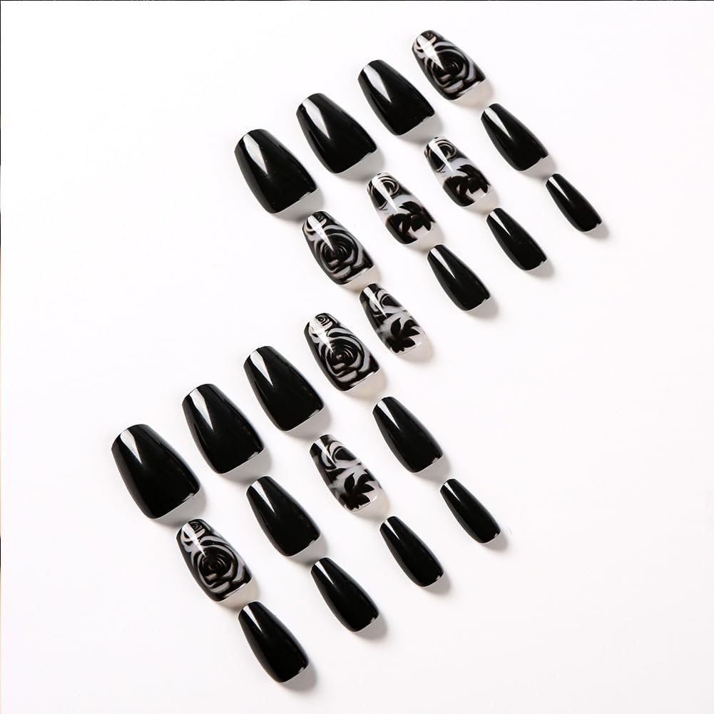 24PCS Black Rose Flower Press on Nails Medium Length Coffin Fake Fingernails Glossy Full Cover Artificial False Nails Kit With Black Rose Designs Fale Nails Nails For Women Girls Manicure