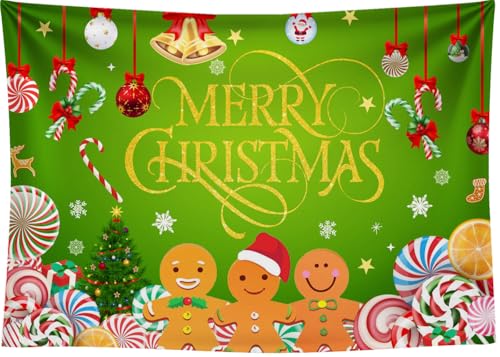Gingerbread Merry Christmas Backdrop 7x5FT Green Peppermint Candy Cane Gingerbread Photography Background Christmas Candy Banner - color: Green/Red/Gold/Brown