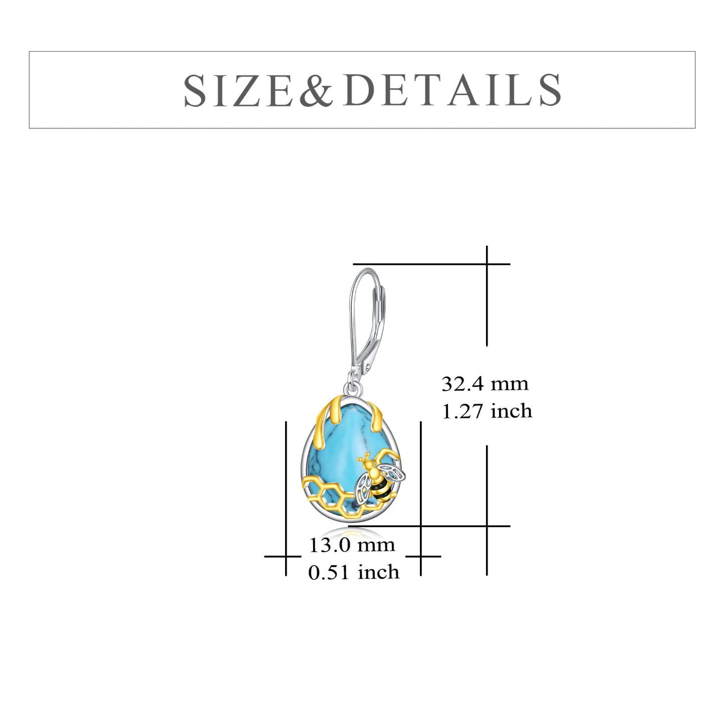 YFN Honeycomb Bee Turquoise Earrings 925 Sterling Silver Teardrop Dangle Hypoallergenic Leverback Earring for Women