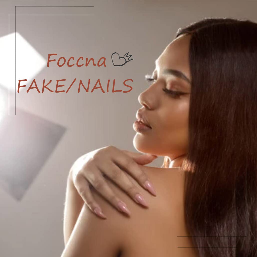 Foccna Press on Nails Medium, Fake Nails Coffin Acrylic False Orange Nails,Artificial Rhinestone Nails for Women and Girls 24 pcs