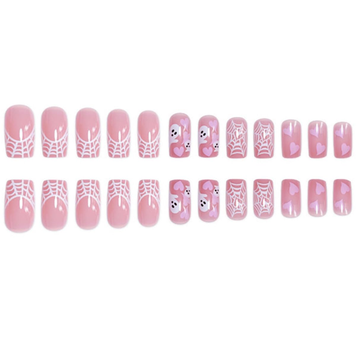 24Pcs Halloween Press on Nails Medium Square, 24Pcs Pink French Tip Fake Toe Nails Halloween Glue on Nails with Cute Ghost Spider Wed Designs Full Cover Stick on Nails for Women DIY Halloween Nails
