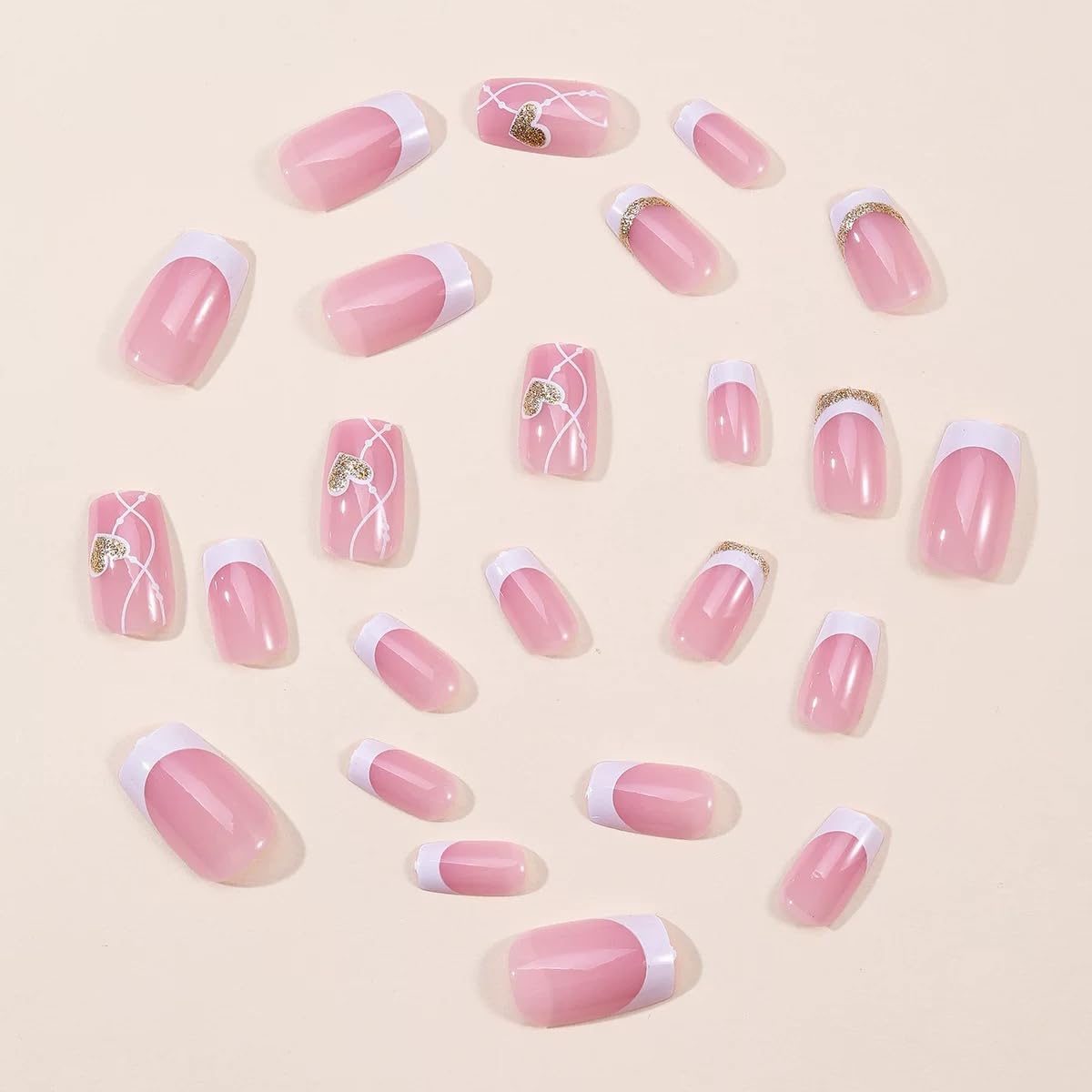 CTTHNBD Press on Nails Square - Medium Fake Nails with Heart Design - Glitter, White French Tip False Nails - for Women 24 Pcs