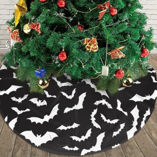 Halloween Cool Black Bat 36 Inch Christmas Tree Skirt Round Winter Snow Suitable for Christmas Xmas Halloween Holiday Party Decor Decoration Occasion