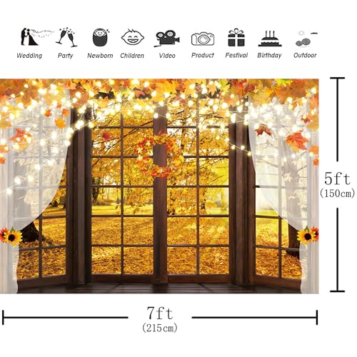 Hilioens 7x5ft Fall Windowsill Backdrop Autumn Forest Photography Background for Kids Photoshoot Maple Leaf Natural Scenery Banner Decoration Party Supplies Photo Studio Booth Props - size: 7x5ft