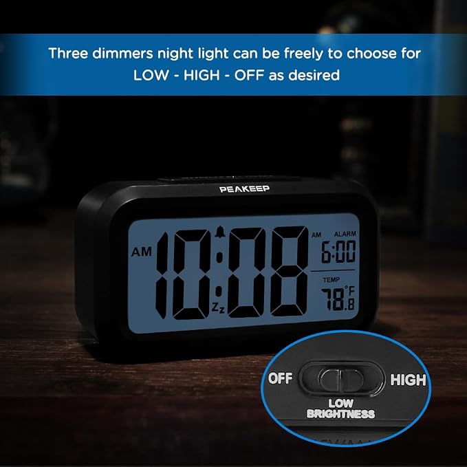 Peakeep Night Light Digital Alarm Clock Battery Operated Indoor Temperature | Small Cordless Cute Clock for Bedroom Desk Travel, Simple to Use for Teens Kids (Black)