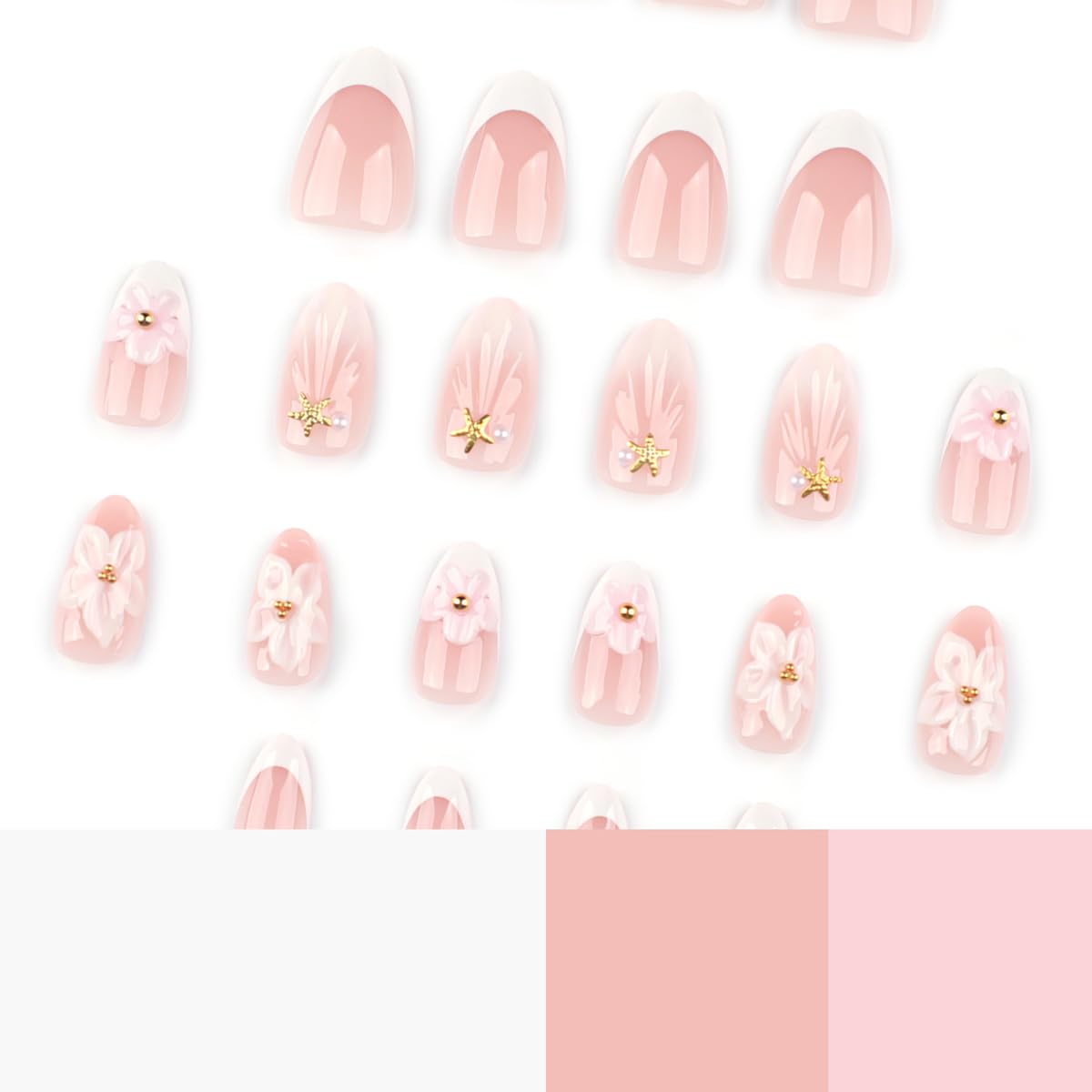 Short Almond Press on Nails - White French Tip with Pink Flower & Gold Starfish, Full Cover Glossy Fake Nails 24PCS for Women