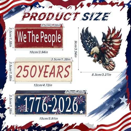 GlikCeil 4 Pcs 250th Anniversary Table Decoration 4th of July Tiered Tray Decor Eagle Patriotic Wooden Block Sign 1776-2026 Independence Day Centerpiece Rustic Star Tabletop Eagle Decor for Indoor - style: Eagle